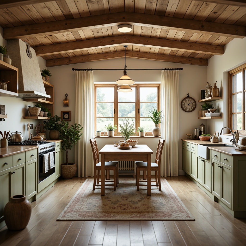 Prompt: Rustic farmhouse interior, earthy tones, natural materials, reclaimed wood accents, vintage metalware, soft creamy whites, warm beige hues, muted sage greens, distressed finishes, traditional country charm, cozy atmosphere, ambient warm lighting, shallow depth of field, 1/1 composition, realistic textures, subtle color gradations.