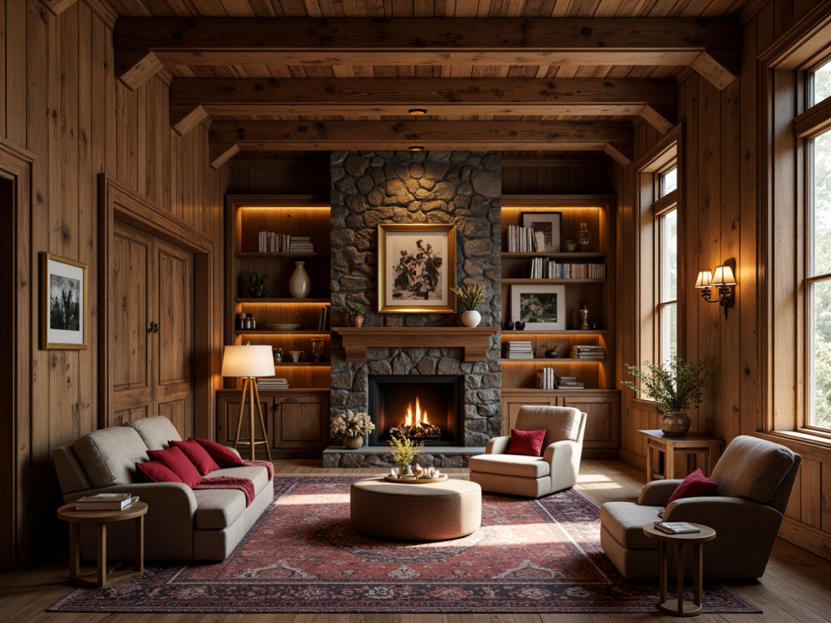 Prompt: Rustic wooden furniture, earthy tones, natural textures, traditional craftsmanship, ornate carvings, wooden paneling, exposed beams, stone fireplaces, cozy reading nooks, plush armchairs, vintage decorative items, warm ambient lighting, soft focus, shallow depth of field, 2/3 composition, inviting atmosphere, realistic wood grains, subtle shadows.