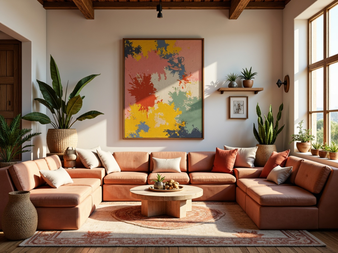 Prompt: Vibrant artistic studio, eclectic furniture arrangement, abstract artwork, bohemian rug, natural wood accents, earthy tones, terracotta vases, woven baskets, soft pastel colors, warm golden lighting, shallow depth of field, 1/1 composition, realistic textures, ambient occlusion.