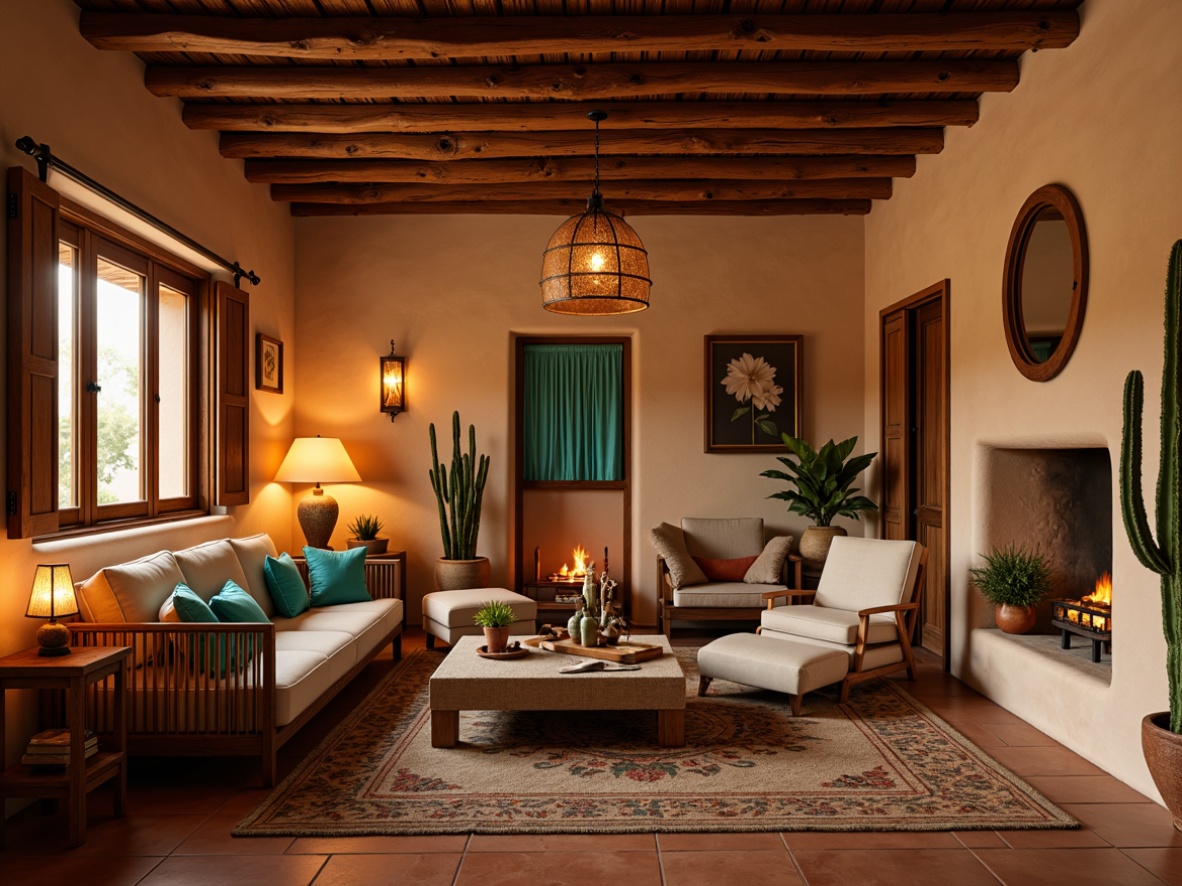 Prompt: Warm ambient lighting, rustic wooden beams, earthy tone walls, terracotta flooring, woven textiles, vibrant turquoise accents, natural fiber rugs, handcrafted furniture, soft warm glow, table lamps, floor lamps, pendant lights, candles, lanterns, Southwestern patterns, geometric motifs, cozy nooks, intimate spaces, warm color palette, desert-inspired decor, cacti plants, succulents, wooden shutters, adobe-style architecture, warm beige tones, comfortable seating areas, soft shadows, 3/4 composition, realistic textures.