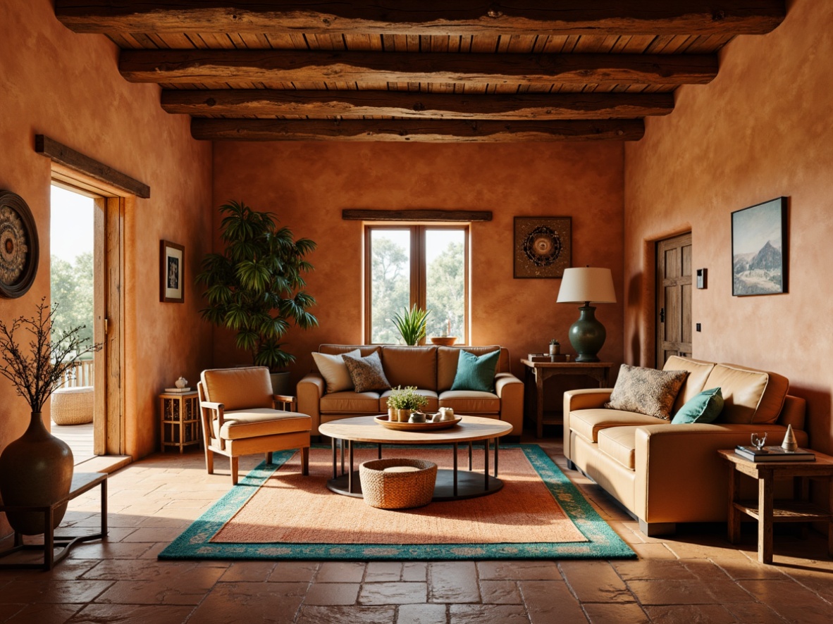 Prompt: Warm adobe walls, rustic wooden beams, earthy terracotta floors, vibrant turquoise accents, woven Native American patterns, plush southwestern-inspired textiles, natural fiber rugs, leather-bound furniture, distressed wood finishes, vintage metalwork, warm golden lighting, soft shadowing, 1/1 composition, intimate atmosphere, realistic textures, ambient occlusion.