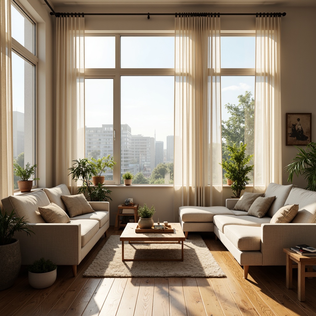 Prompt: Cozy living room, large windows, soft natural light, warm wooden floors, minimalist decor, comfortable sofas, greenery plants, sheer white curtains, subtle textures, ambient shadows, 1/1 composition, shallow depth of field, realistic reflections, bright sunny day, gentle morning light, calm atmosphere, organic materials, earthy color palette.