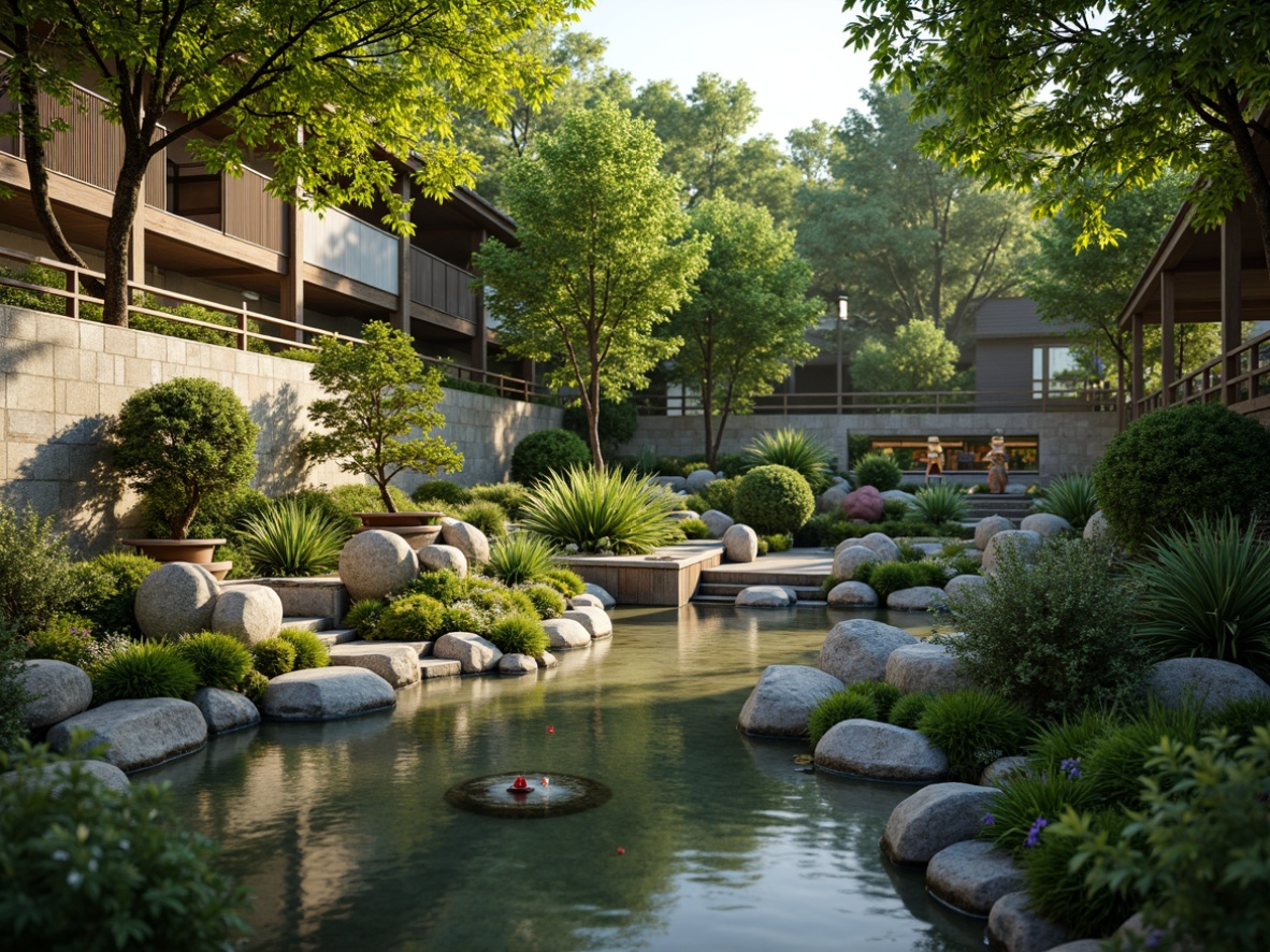 Prompt: \Serene Japanese garden, natural stone walls, bonsai trees, vibrant green moss, tranquil water features, koi fish ponds, ornate lanterns, wooden bridges, rustic stone pathways, lush bamboo groves, tropical plants, warm sunny day, soft filtered lighting, shallow depth of field, 3/4 composition, panoramic view, realistic textures, ambient occlusion.\