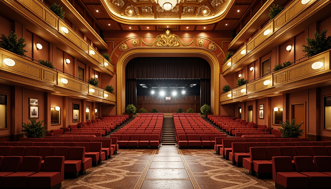 Prompt: Grand amphitheater, ornate Art Deco details, luxurious velvet seats, polished brass railings, terrazzo flooring, geometric patterns, metallic accents, lavish chandeliers, curved staircases, opulent carpets, intricate moldings, majestic archways, dramatic spotlights, warm golden lighting, shallow depth of field, 1/2 composition, symmetrical framing.