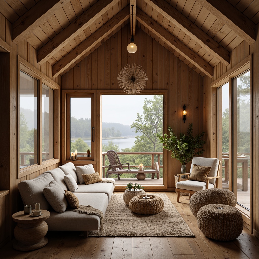 Prompt: Rustic Nordic cabin, wooden accents, natural pine textures, earthy tones, organic shapes, woven fibers, jute rugs, linen fabrics, reclaimed wood furniture, minimalist decor, cozy candle lighting, warm beige colors, soft diffused light, shallow depth of field, 1/1 composition, intimate atmosphere, authentic materials, tactile experiences, nature-inspired patterns, botanical elements, forest surroundings, serene lakeside, misty morning, atmospheric perspective.