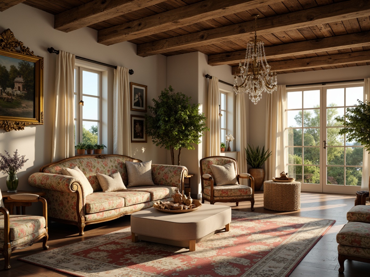 Prompt: Rustic farmhouse, distressed wood beams, soft warm lighting, vintage furniture, plush velvet sofas, ornate gold frames, floral patterned fabrics, rich brocade textiles, antique tapestries, natural linen drapes, woven wicker baskets, decorative ceramics, earthy color palette, soft pastel hues, elegant crystal chandeliers, refined lace details, cozy throw blankets, classic French country architecture, charming rural landscape, lush greenery, sunny afternoon, warm golden light, shallow depth of field, 1/1 composition, realistic textures.