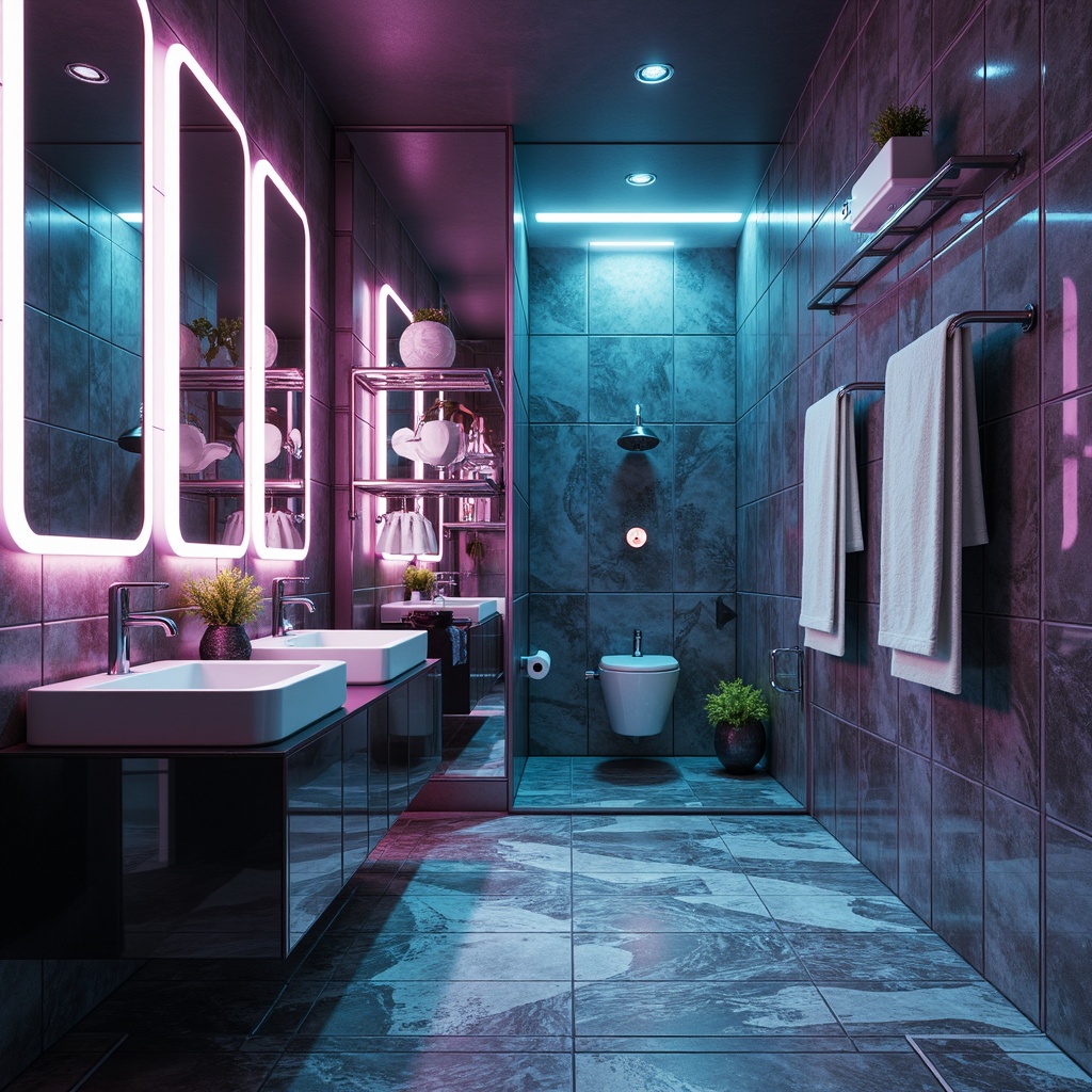 Prompt: Futuristic bathroom, glossy metallic surfaces, iridescent glass tiles, LED-lit mirrors, minimalist sink designs, wall-mounted toilets, sleek chrome faucets, rainfall showerheads, geometric patterned flooring, ambient lighting, misty atmosphere, futuristic vanity units, holographic displays, 3D-printed accessories, hydrophobic coatings, water-repellent materials, high-gloss finishes, neon-lit accents, cyberpunk-inspired color schemes, avant-garde fixtures, innovative drainage systems.