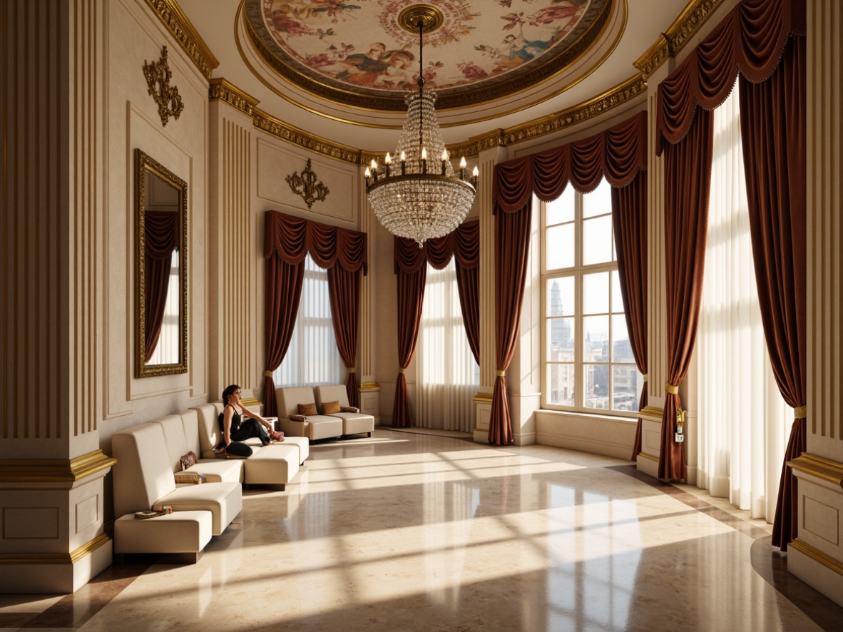 Prompt: Opulent neoclassical interior, rich velvet drapes, creamy marble floors, ornate gold accents, soft warm beige walls, luxurious crystal chandeliers, intricate fresco ceilings, lavish satin fabrics, antique bronze fixtures, sophisticated neutral tones, elegant proportions, refined architectural details, dramatic shadowing, 1/1 composition, high-contrast lighting, cinematic atmosphere.