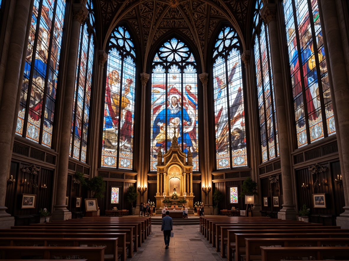 Prompt: Intricate stained glass windows, ornate Gothic arches, vivid biblical scenes, luminous color palette, rich textures, majestic altar, ornamental furnishings, lavish decorations, grandiose scale, symmetrical composition, soft diffused lighting, subtle shading, realistic reflections, 1/1 perspective, classical architectural elements, subtle color gradations, elegant lines, sophisticated patterns, serene atmosphere, peaceful ambiance.