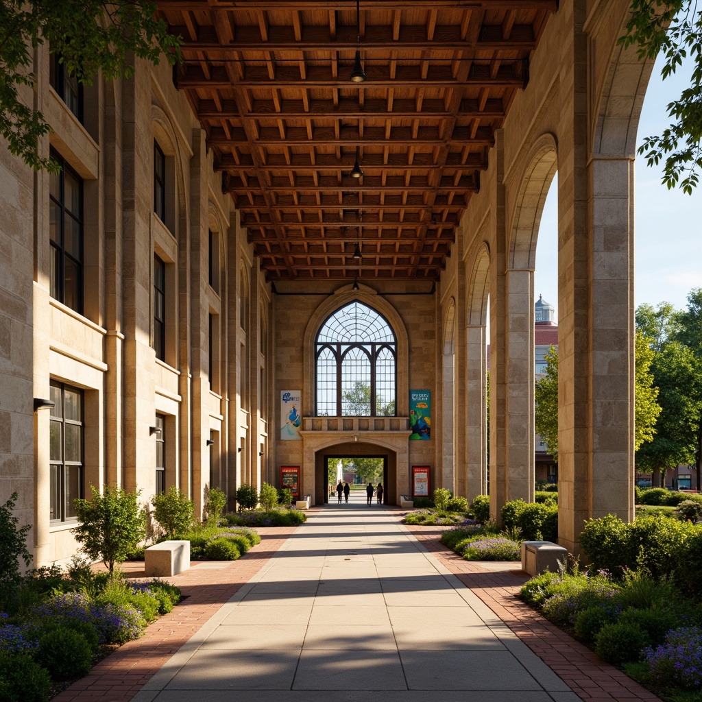 Prompt: Grand elementary school building, Gothic archways, stone carvings, pointed windows, ribbed vaults, stained glass ceilings, intricate column details, mystical ambiance, warm golden lighting, rich wood tones, ornate metal fixtures, vibrant playground murals, colorful educational signage, lush greenery surroundings, blooming flower beds, sunny afternoon, soft focus blur, 1/1 composition, symmetrical framing, realistic textures, subtle ambient occlusion.