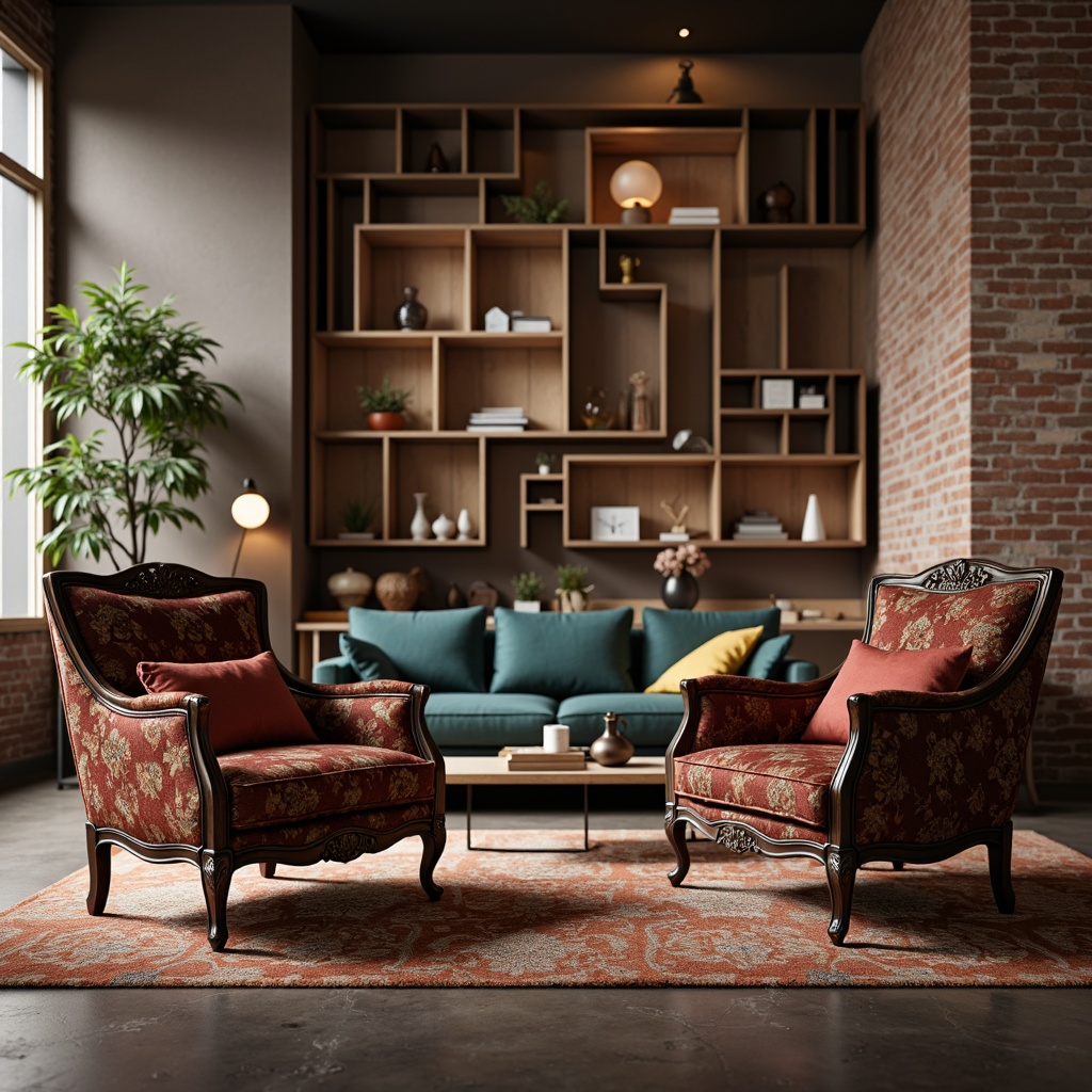 Prompt: Richly upholstered armchairs, intricately carved wooden legs, velvet soft cushions, golden metal accents, ornate patterns, subtle curves, luxurious fabrics, merged with sleek minimalist lines, low-profile sofas, polished chrome frames, bold colorful accents, geometric shapes, industrial materials, reclaimed wood, exposed brick walls, urban loft atmosphere, warm atmospheric lighting, shallow depth of field, 2/3 composition, realistic textures, ambient occlusion.