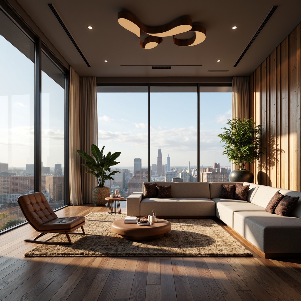 Prompt: Luxurious penthouse interior, mid-century modern aesthetic, sleek wooden floors, floor-to-ceiling windows, breathtaking city views, minimalist decor, innovative furniture designs, curved lines, organic shapes, bold color schemes, plush textiles, geometric patterns, statement lighting fixtures, ambient glow, 3-point perspective composition, realistic materials, subtle animations.