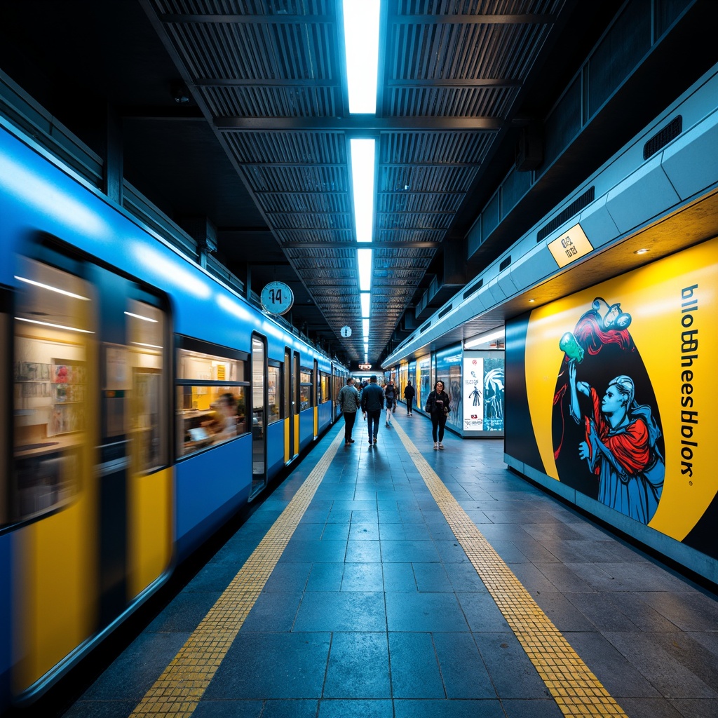 Prompt: Vibrant metro station interior, modern architecture, sleek lines, minimalistic design, urban ambiance, bustling atmosphere, bright LED lighting, bold color scheme, deep blues, energetic yellows, cool greys, metallic accents, polished steel surfaces, glass tiles, ceramic textures, futuristic feel, high-tech vibe, fast-paced environment, dynamic patterns, geometric shapes, abstract art installations, natural stone flooring, warm ambient glow, shallow depth of field, 1/2 composition, realistic renderings.