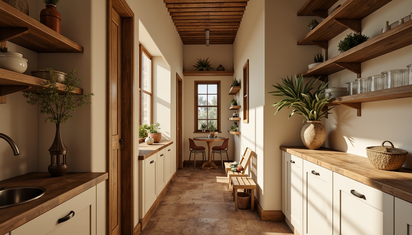 Prompt: Cozy pantry, warm earthy tones, soft beige walls, rich wood accents, natural stone countertops, rustic metal shelving, vintage-inspired decorative items, subtle cream-colored cabinets, earthy brown flooring, warm golden lighting, shallow depth of field, 1/1 composition, realistic textures, ambient occlusion.