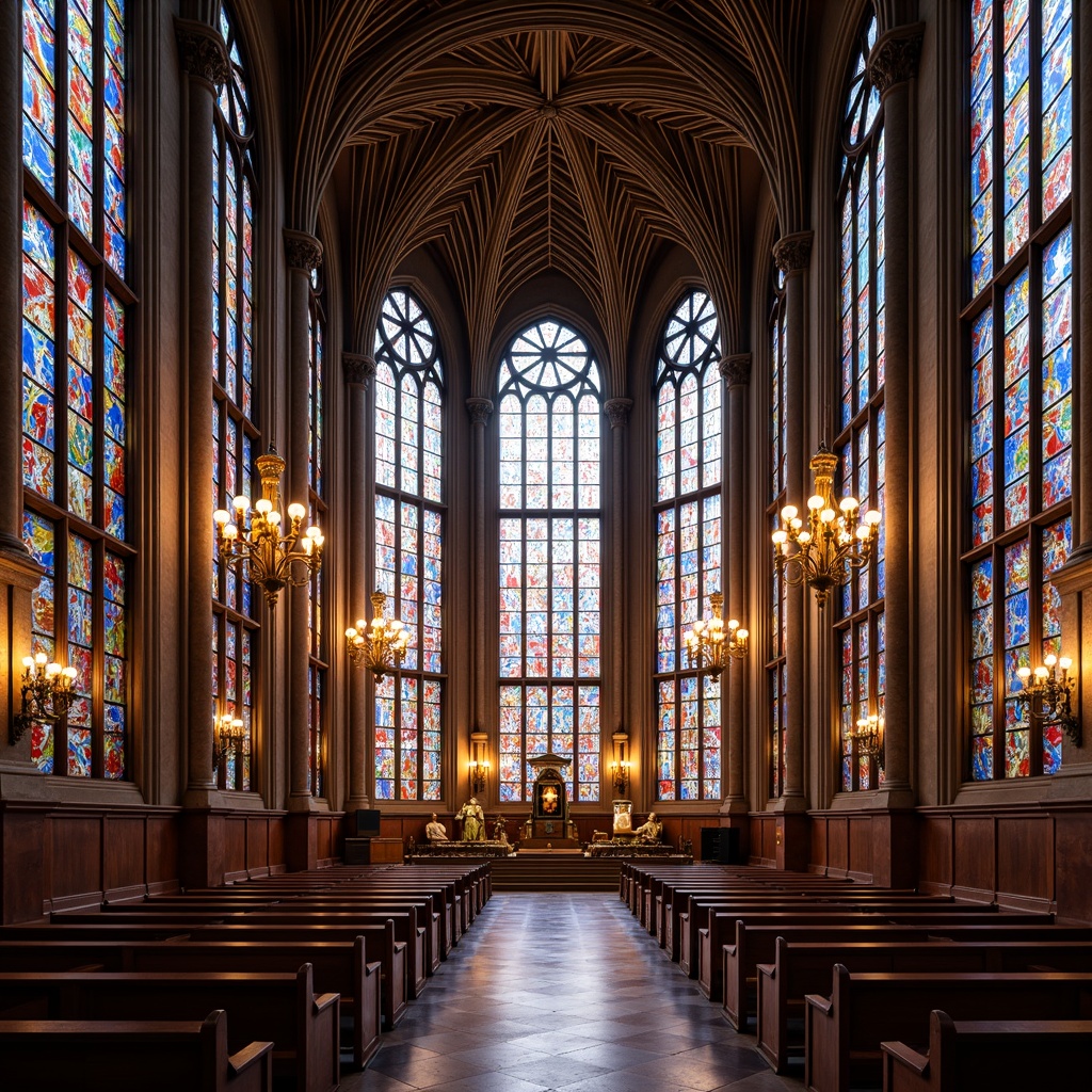 Prompt: Vibrant stained glass windows, kaleidoscope colors, intricate medieval patterns, grand auditorium space, ornate chandeliers, Gothic arches, ribbed vaults, pointed steeples, rich wood accents, polished marble floors, dramatic verticality, soft warm lighting, realistic reflections, 1/1 composition, symmetrical framing, majestic atmosphere, spiritual ambiance, solemn silence.