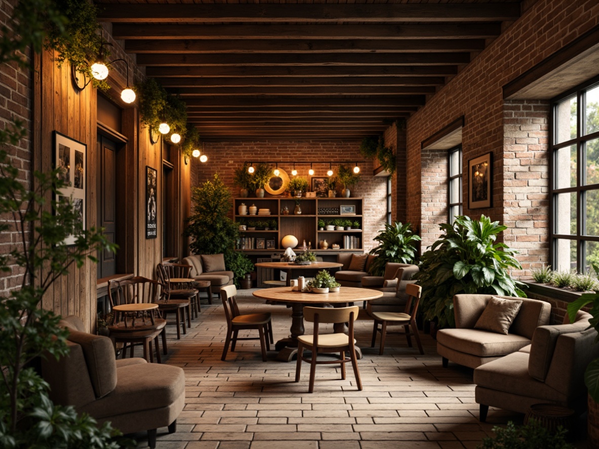 Prompt: Rustic steel-framed interior, warm earthy tones, weathered wood accents, distressed metal frames, vintage industrial lighting, reclaimed wooden planks, exposed brick walls, natural stone floors, earthy brown hues, mossy greenery, soft golden lighting, shallow depth of field, 1/2 composition, cozy atmosphere, realistic textures, ambient occlusion.