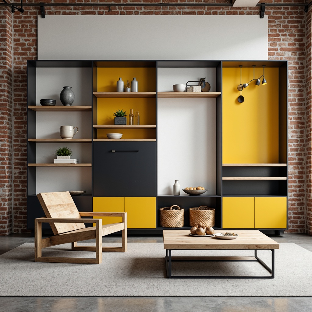 Prompt: Geometric wooden chair, tubular steel frame, minimalist coffee table, functional shelving unit, woven wicker basket, bold color blocking, primary color accents, industrial material palette, exposed brick walls, polished concrete floors, abundant natural light, airy open space, 1/1 composition, softbox lighting, subtle shadows, Bauhaus-inspired typography, clean lines, rectangular forms, functional simplicity, innovative storage solutions.