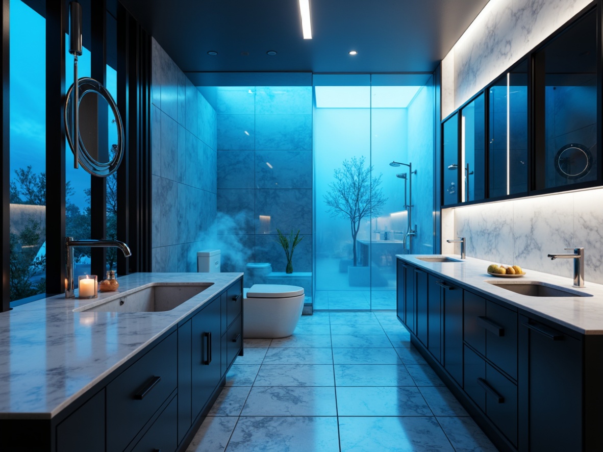 Prompt: Glossy chrome fixtures, neon blue accents, iridescent glass tiles, sleek metal surfaces, futuristic LED lighting, misty atmospheric effects, spa-like ambiance, calming white marble countertops, high-tech shower systems, sensor-activated faucets, minimalist design, geometric patterned flooring, matte black cabinets, ambient warm glow, shallow depth of field, 1/1 composition, soft focus blur.