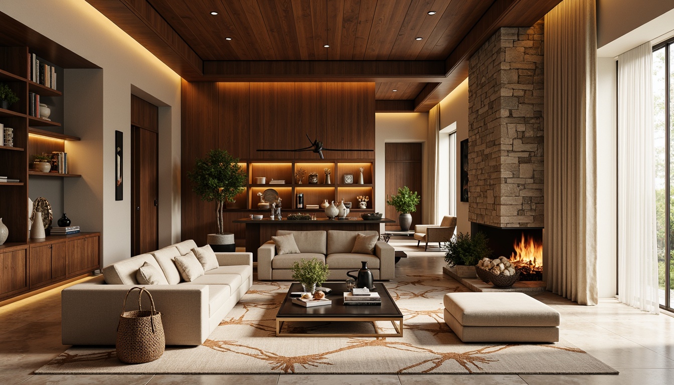 Prompt: Luxurious living room, rich wood paneling, plush velvet sofas, ornate metal accents, patterned marble floors, soft golden lighting, warm beige walls, cozy throw blankets, natural stone fireplaces, modern minimalist furniture, sleek glass coffee tables, woven wicker baskets, distressed leather armchairs, vintage decorative rugs, earthy color palette, organic textures, 3D geometric patterns, ambient occlusion, realistic renderings.