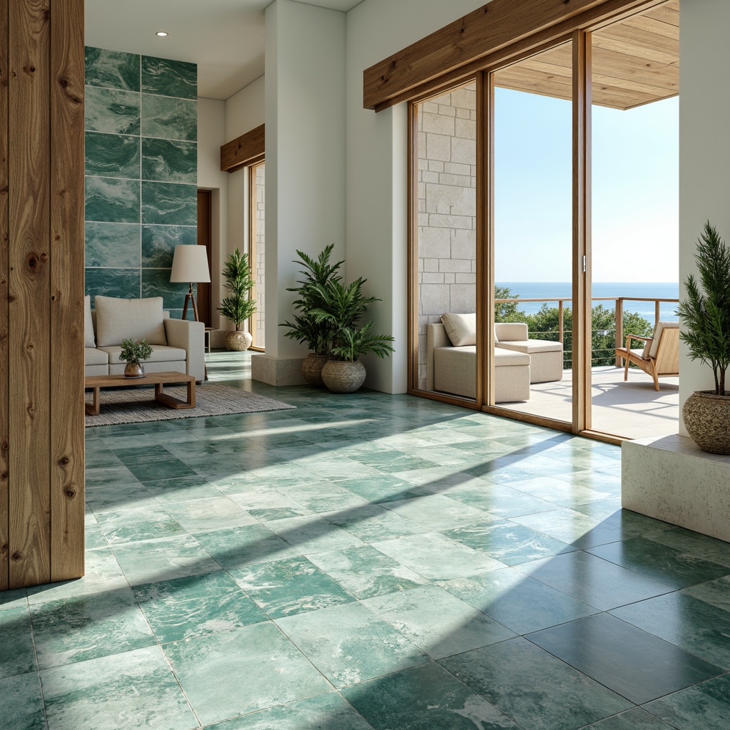 Prompt: \Ceramic ocean-inspired tiles, soft blue-green hues, wave-patterned textures, natural stone accents, driftwood-grain finishes, beachy vibe, coastal living room, airy atmosphere, large windows, sliding glass doors, sunny day, warm soft lighting, shallow depth of field, 3/4 composition, realistic textures, ambient occlusion.\Let me know if you'd like me to adjust anything!