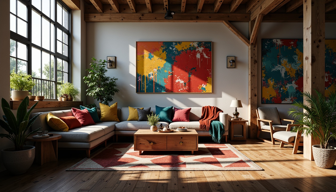 Prompt: Vibrant artistic space, eclectic furniture, abstract artwork, bold color scheme, contrasting textures, industrial metal accents, reclaimed wood elements, geometric patterned rug, oversized windows, natural light pouring in, warm cozy atmosphere, dramatic shadows, 1/2 composition, soft focus blur, moody lighting, atmospheric ambiance.