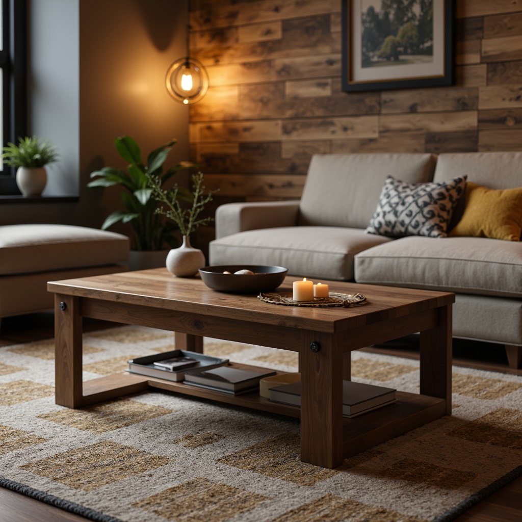 Prompt: Mid-century modern living room, sleek wooden coffee table, plush velvet sofa, geometric patterned rug, minimalist metal floor lamp, industrial chic decor, reclaimed wood accent wall, natural fiber textiles, earthy color palette, warm ambient lighting, shallow depth of field, 3/4 composition, realistic textures, soft focus blur.