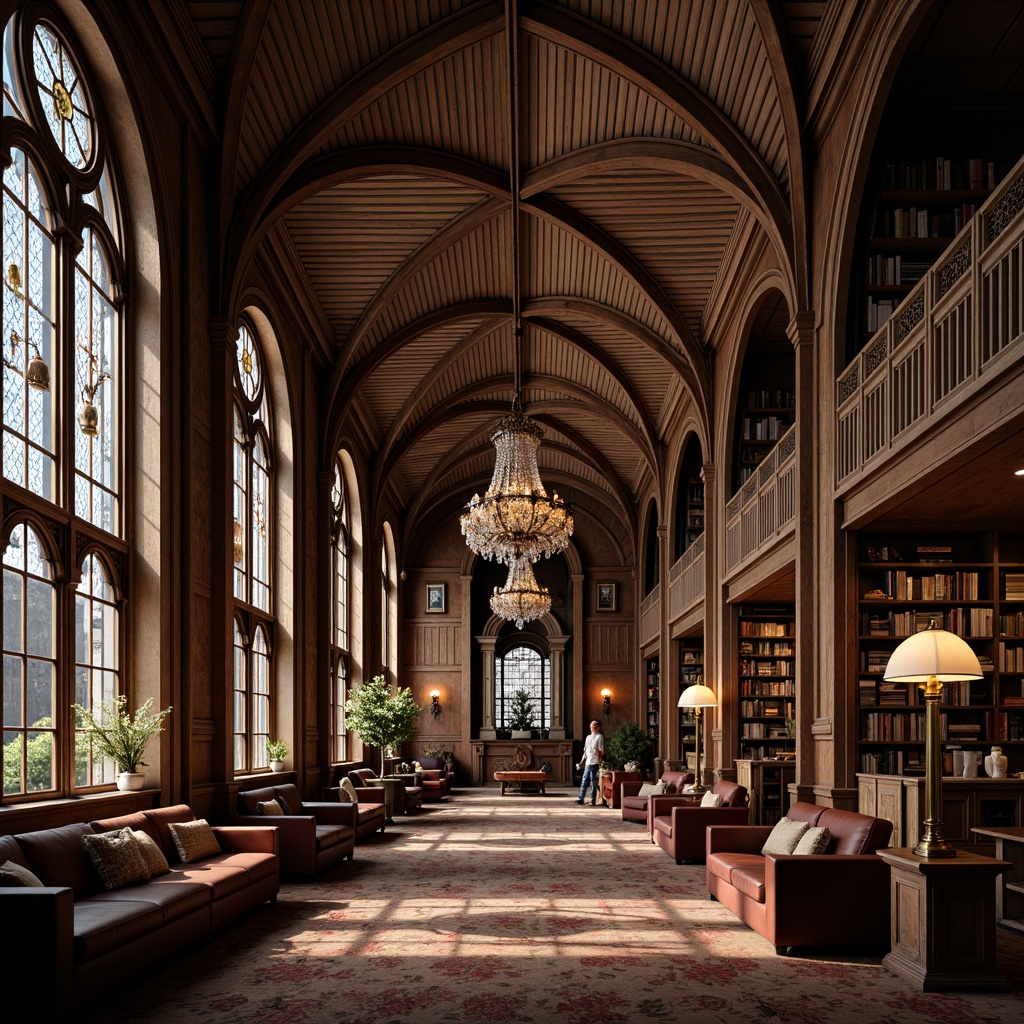 Prompt: Intricate archways, ribbed vaults, ornate carvings, grand chandeliers, stained glass windows, rich wood paneling, leather-bound books, vintage reading lamps, comfortable seating areas, warm cozy atmosphere, soft warm lighting, dramatic shadows, 3/4 composition, realistic textures, ambient occlusion.