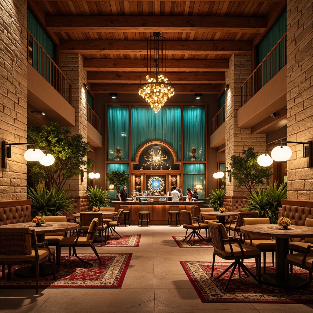 Prompt: Southwestern casino interior, warm earthy tones, rich wood accents, vibrant turquoise hues, bold geometric patterns, rustic stone walls, distressed leather furniture, woven wicker chairs, natural fiber rugs, ornate metalwork details, colorful Native American-inspired textiles, dramatic dim lighting, cozy intimate spaces, luxurious VIP lounges, glamorous chandeliers, lavish decorations, warm golden lighting, shallow depth of field, 1/1 composition, realistic textures, ambient occlusion.