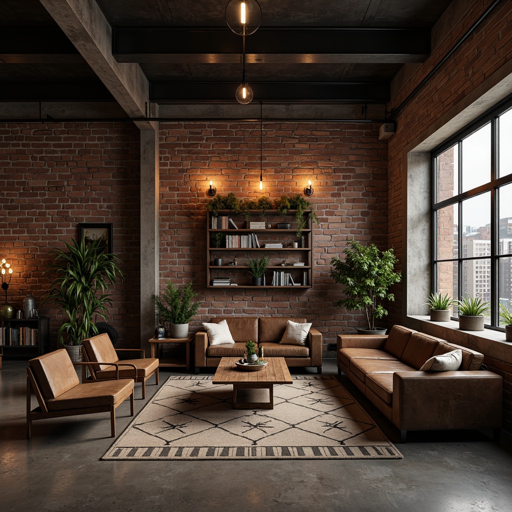 Prompt: Exposed brick walls, metal beams, reclaimed wood furniture, industrial lighting fixtures, Edison bulbs, metallic accents, distressed leather sofas, vintage factory carts, concrete floors, urban loft atmosphere, modern minimalist decor, functional shelving units, geometric-patterned rugs, moody color palette, dimmable overhead lighting, 3/4 composition, cinematic perspective, gritty textures, realistic ambient occlusion.