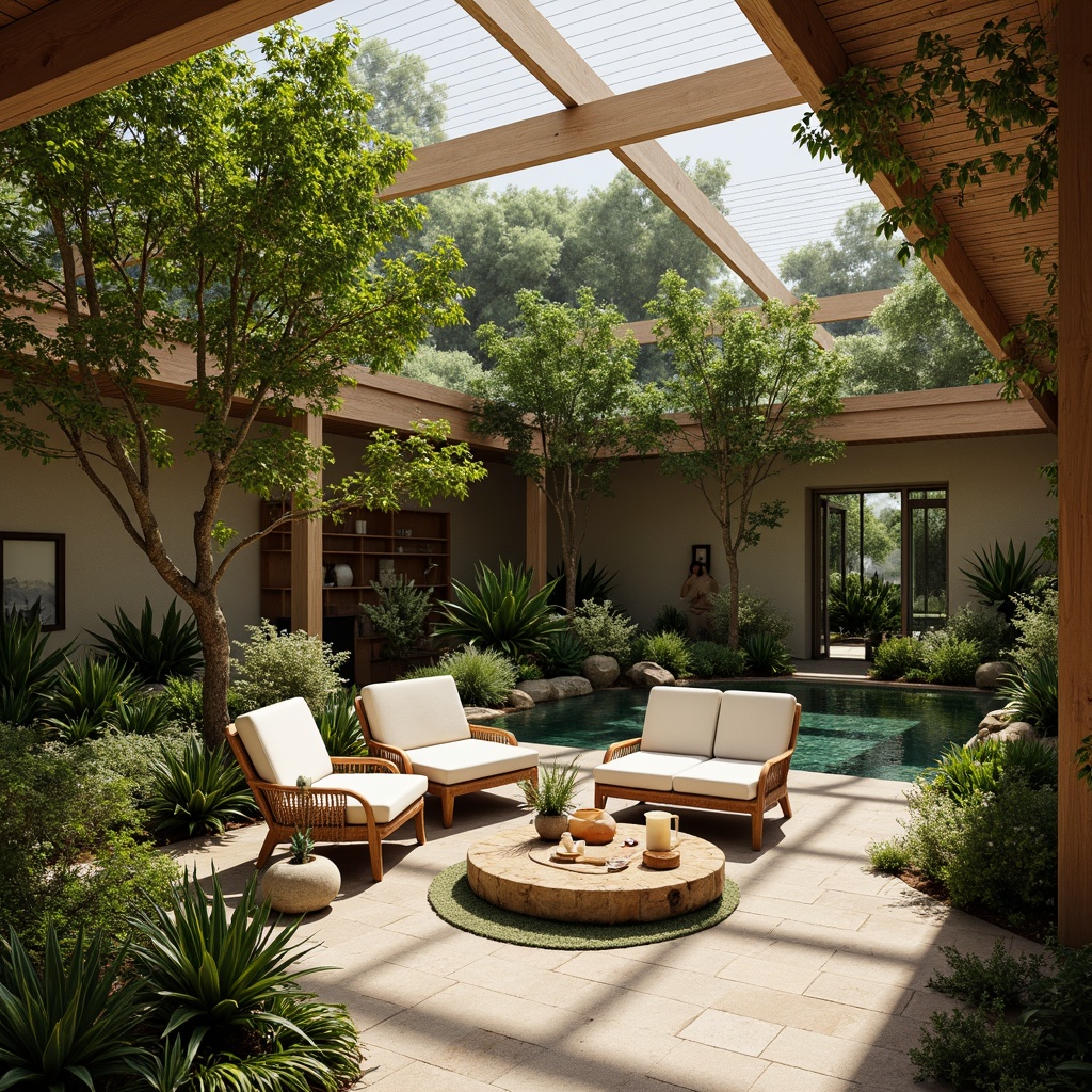 Prompt: Soothing interior space, lush greenery, varied plant species, natural wood accents, woven bamboo furniture, calming water features, soft warm lighting, gentle misting system, peaceful ambiance, organic textures, earthy color palette, thriving botanicals, air-purifying plants, meditation area, comfortable seating, serene atmosphere, minimalist decor, warm beige tones, natural stone flooring, subtle aromatherapy, rejuvenating environment.