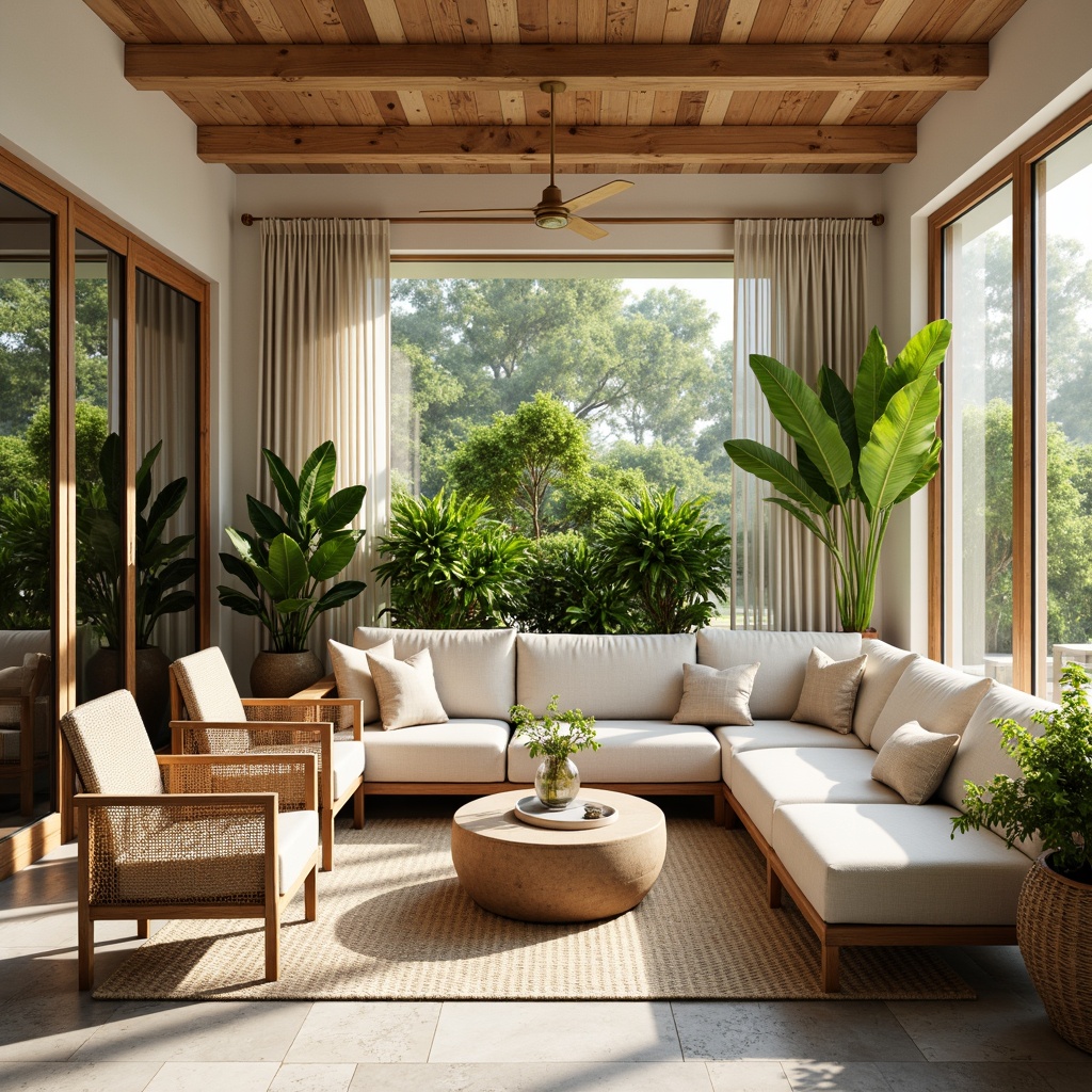 Prompt: Cozy sunroom, natural stone flooring, plush sectional sofa, vibrant tropical plants, wicker armchairs, rattan coffee table, soft pastel colors, warm wooden accents, sliding glass doors, bright sunlight, airy atmosphere, minimalist decor, modern wicker furniture, comfortable oversized pillows, nature-inspired patterns, organic textures, soft diffused lighting, 1/1 composition, relaxed casual vibe.