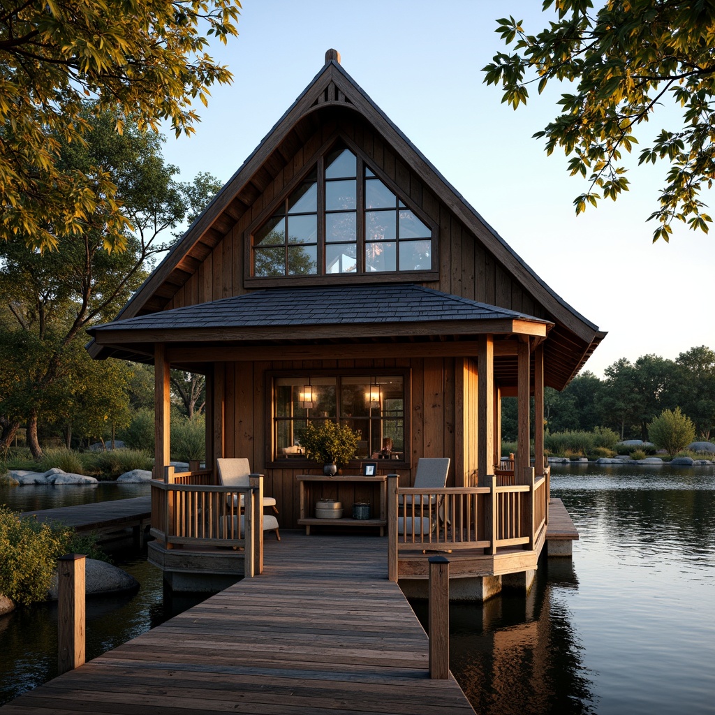 Prompt: Rustic boathouse, wooden dock, tranquil lake, surrounding foliage, ornate Victorian details, steeply pitched roof, decorative trusses, intricate wood carvings, stained glass windows, distressed finishes, natural stone foundation, vintage nautical elements, worn wooden planks, lantern-style lighting, warm golden lighting, shallow depth of field, 1/2 composition, realistic textures, ambient occlusion.