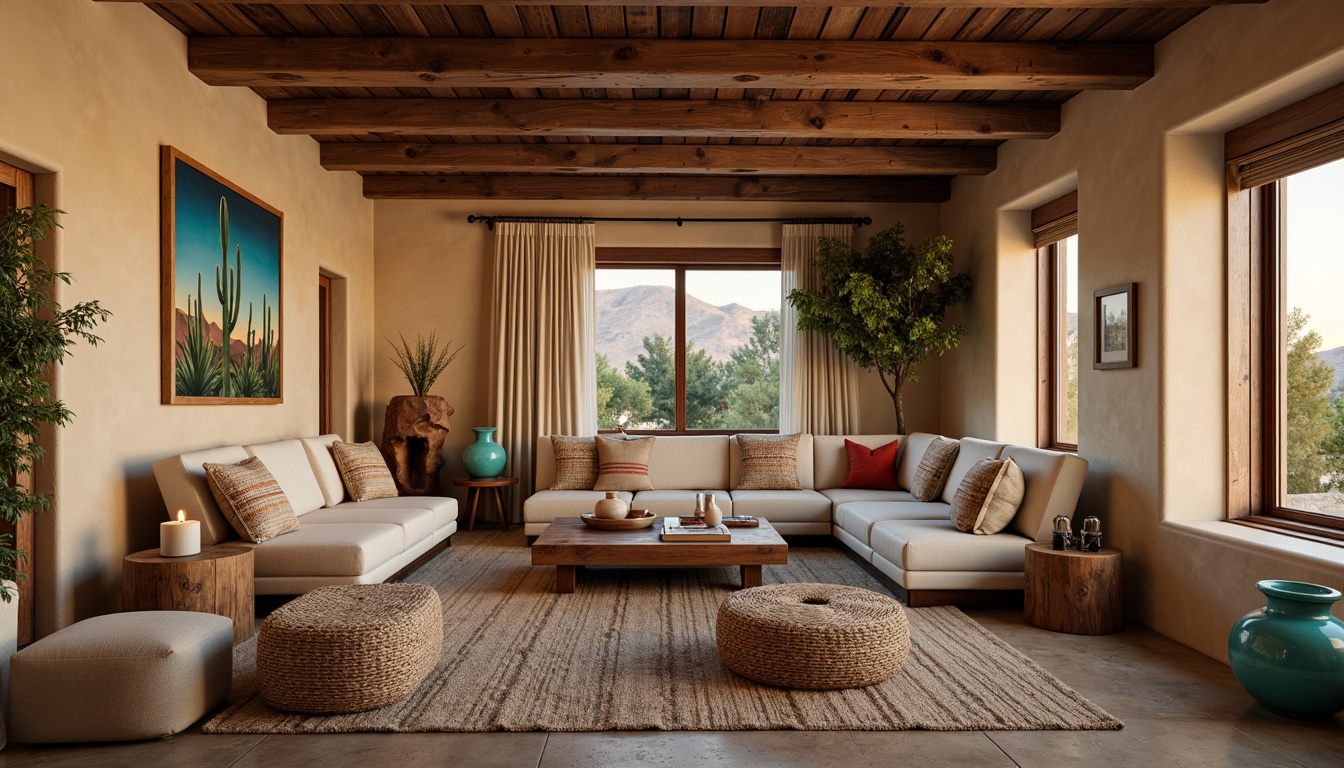 Prompt: Rustic southwestern living room, earthy tone furniture, plush woven rugs, natural wood accents, vibrant turquoise vases, desert-inspired artwork, cactus-shaped decorative items, warm beige walls, distressed wooden beams, comfortable sectional sofas, ottomans with Southwestern patterns, geometric-patterned throw pillows, ambient candle lighting, shallow depth of field, 1/1 composition, realistic textures, soft warm atmosphere.