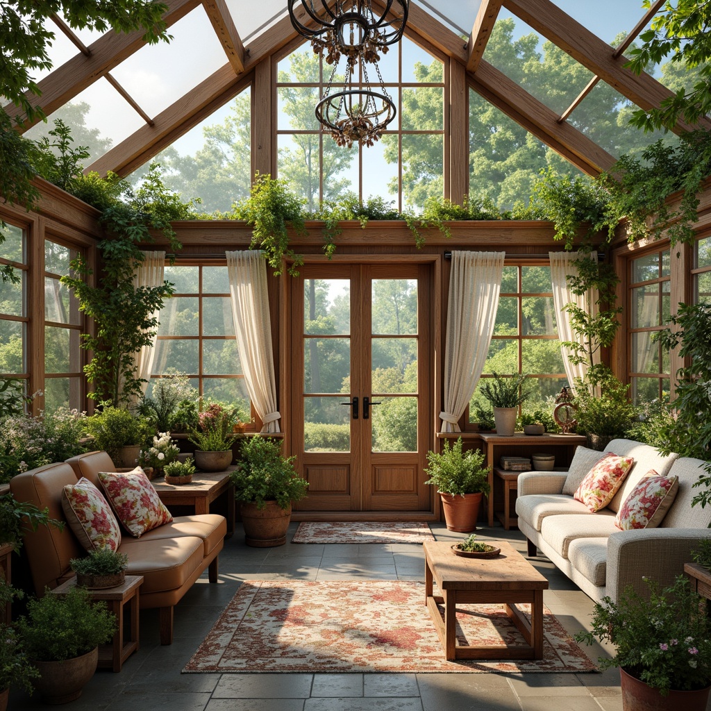 Prompt: Whimsical greenhouse interior, distressed wood accents, vintage garden benches, rusty metal planters, lush greenery, flowering vines, natural stone flooring, soft warm lighting, airy atmosphere, elegant chandeliers, pastel-colored walls, antique wooden doors, ornate metal fixtures, plush throw pillows, floral patterned fabrics, lace curtains, worn leather armchairs, distressed wood coffee tables, eclectic decorative accessories, 1/1 composition, realistic textures, ambient occlusion.