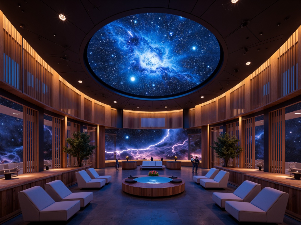 Prompt: \Cosmic planetarium interior, mid-century modern style, starry night sky, deep blues and purples, rich wood tones, sleek metallic accents, geometric patterns, retro-futuristic vibes, celestial bodies, nebulae-inspired colors, soft warm lighting, atmospheric ambiance, comfortable seating areas, minimalist decor, abstract artwork, circular shapes, 3D projections, immersive experience, panoramic views, realistic textures, ambient occlusion.\