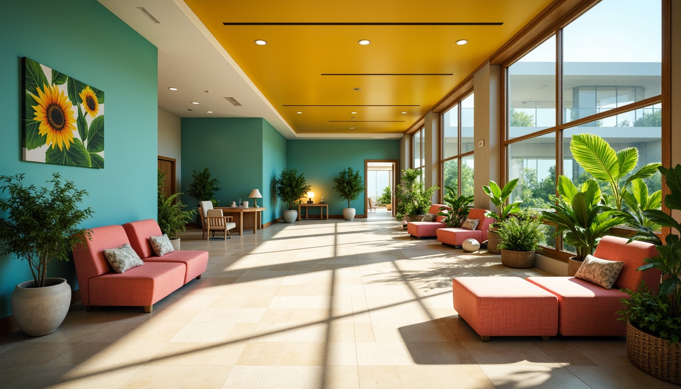 Prompt: Vibrant tropical healthcare center, calming ocean blue walls, warm sandy beige floors, lush greenery accents, natural wood tones, soothing coral pink furniture, refreshing mint green decorations, bright sunny yellow ceilings, exotic floral patterns, modern minimalist architecture, large windows, sliding glass doors, open-air atriums, soft warm lighting, shallow depth of field, 3/4 composition, realistic textures, ambient occlusion.