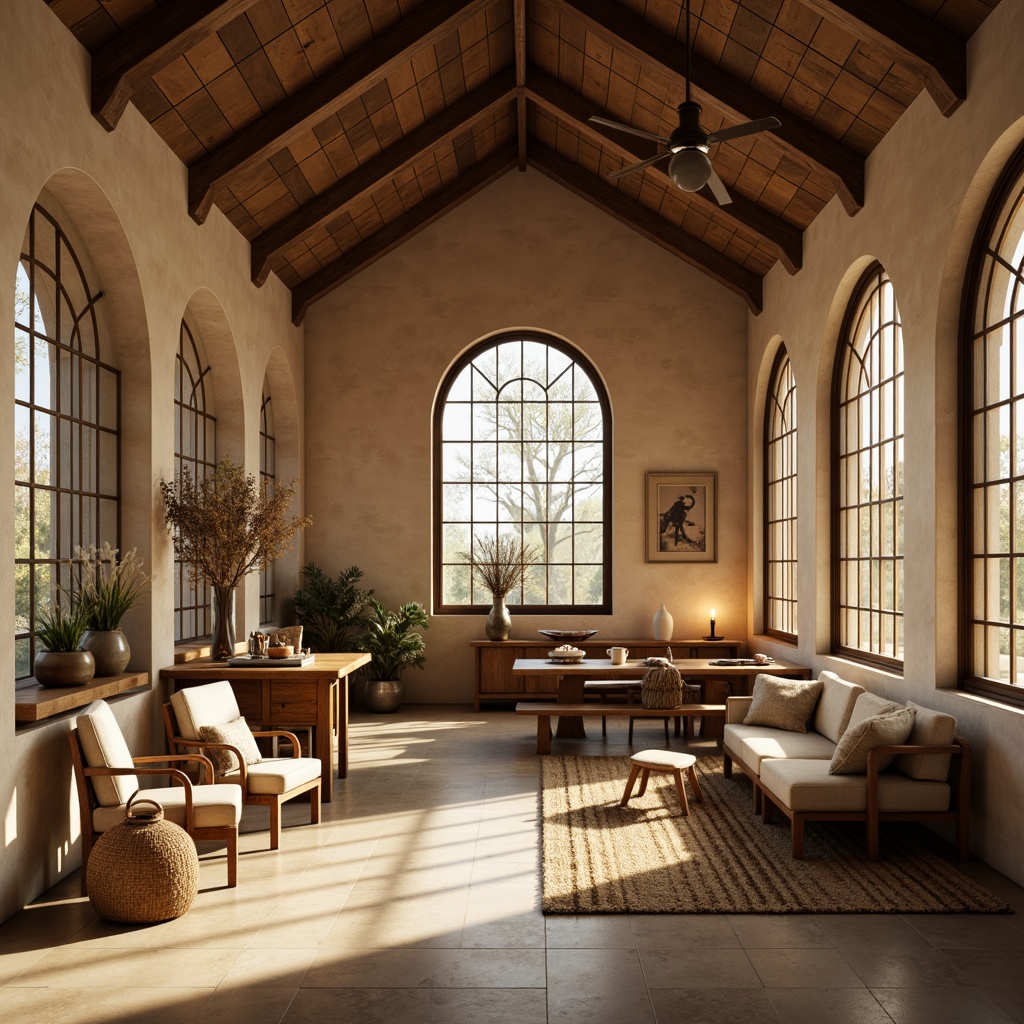 Prompt: Vaulted ceilings, stone walls, wooden accents, stained glass windows, warm beige tones, soft natural lighting, gentle shadows, candlelit ambiance, minimalist decor, rustic wooden furniture, woven textiles, earthy color palette, subtle archways, ornate details, serene atmosphere, calm mood, warm afternoon light, diffused sunlight, 1/1 composition, realistic textures, ambient occlusion.