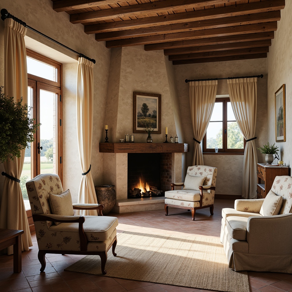 Prompt: Rustic French country cottage, distressed wood accents, soft linen fabrics, natural jute rugs, vintage velvet armchairs, toile de Jouy patterns, elegant silk drapes, subtle floral motifs, beige stonewalls, earthy terracotta floors, warm candlelight, cozy fireplaces, antique wooden furniture, ornate metal hardware, classic French berets, lavender fields, sun-drenched afternoons, soft warm lighting, shallow depth of field, 1/1 composition, realistic textures.