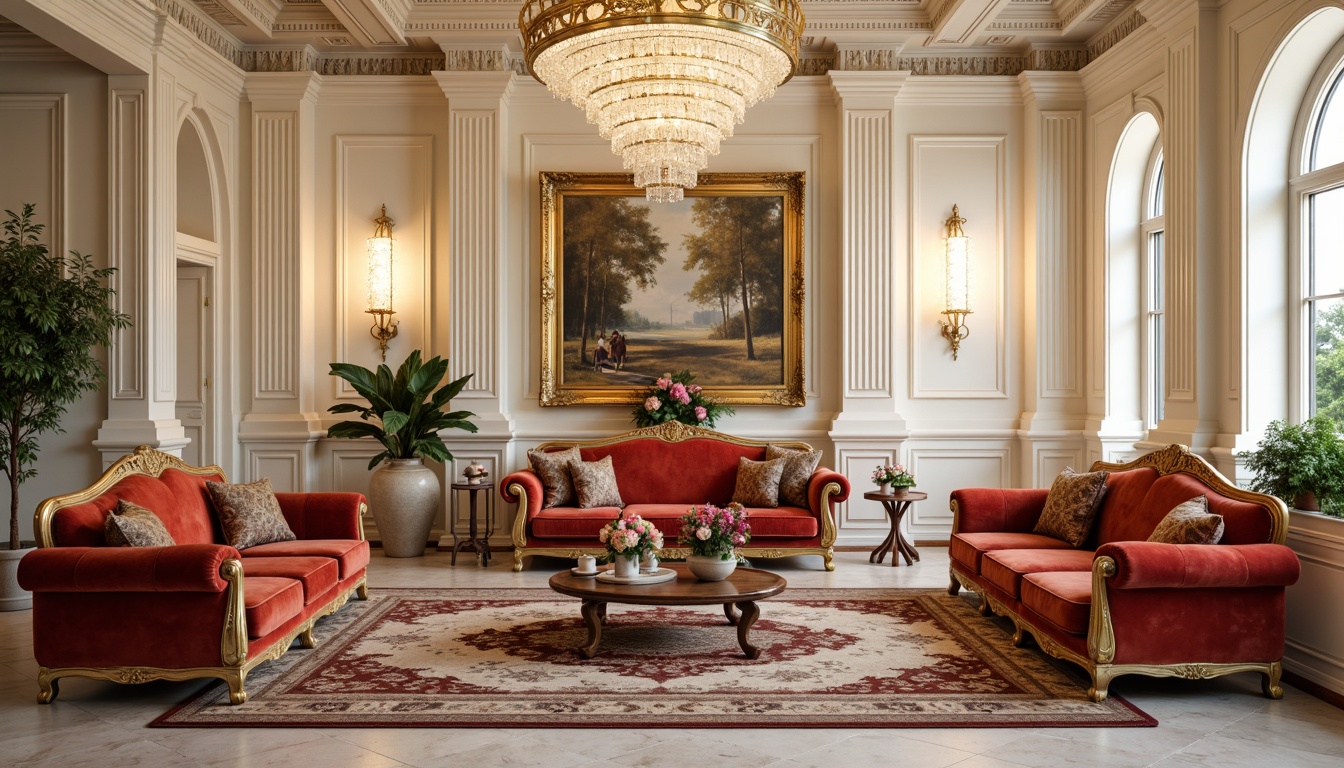 Prompt: Luxurious velvet sofas, intricately carved wooden armchairs, ornate golden frames, lavish crystal chandeliers, richly patterned rugs, marble floors, grandiose columns, symmetrical archways, soft warm lighting, neoclassical architecture, cream-colored walls, decorative moldings, elegant vases, fresh floral arrangements, subtle color palette, harmonious proportions, 1/1 composition, shallow depth of field, realistic textures, ambient occlusion.