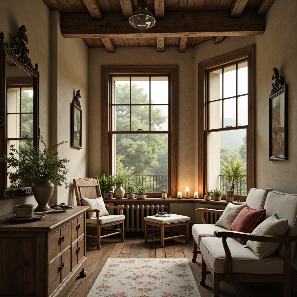 Prompt: Rustic French country cottage, distressed wood accents, vintage furniture pieces, soft linen fabrics, natural woven textiles, earthy tone palette, floral patterns, subtle stripes, velvet pillows, lace trimmings, ornate mirrors, candlelight ambiance, warm beige walls, wooden floorboards, cozy reading nooks, lush greenery views, misty morning light, shallow depth of field, 1/2 composition, realistic textures, ambient occlusion.