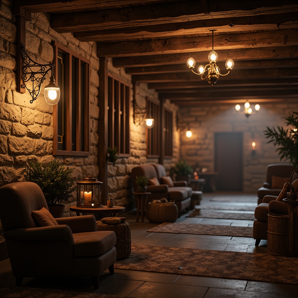 Prompt: Rustic cinema interior, wooden beams, stone walls, earthy tones, vintage film props, cozy seating areas, warm dim lighting, metal lanterns, pendant lamps, Edison bulbs, distressed wood fixtures, wrought iron chandeliers, candlelight ambiance, cinematic color grading, shallow depth of field, 1/2 composition, soft focus effect.