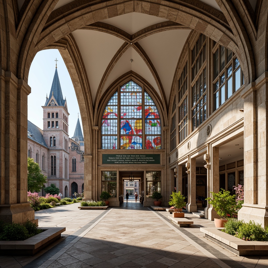 Prompt: Grand elementary school, Gothic archways, pointed towers, ribbed vaults, flying buttresses, stained glass windows, intricate stone carvings, ornate metal door handles, vibrant colorful murals, inspirational quotes, wooden benches, lush greenery, blooming flowers, sunny day, soft warm lighting, shallow depth of field, 3/4 composition, panoramic view, realistic textures, ambient occlusion.