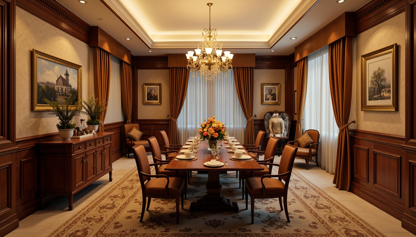 Prompt: Traditional dining room, rich wood tones, ornate furniture, velvet drapes, golden accents, warm beige walls, soft cream ceiling, luxurious carpets, elegant chandeliers, classic artwork, refined patterns, subtle textures, warm candlelight, shallow depth of field, 1/1 composition, realistic renderings, ambient occlusion.