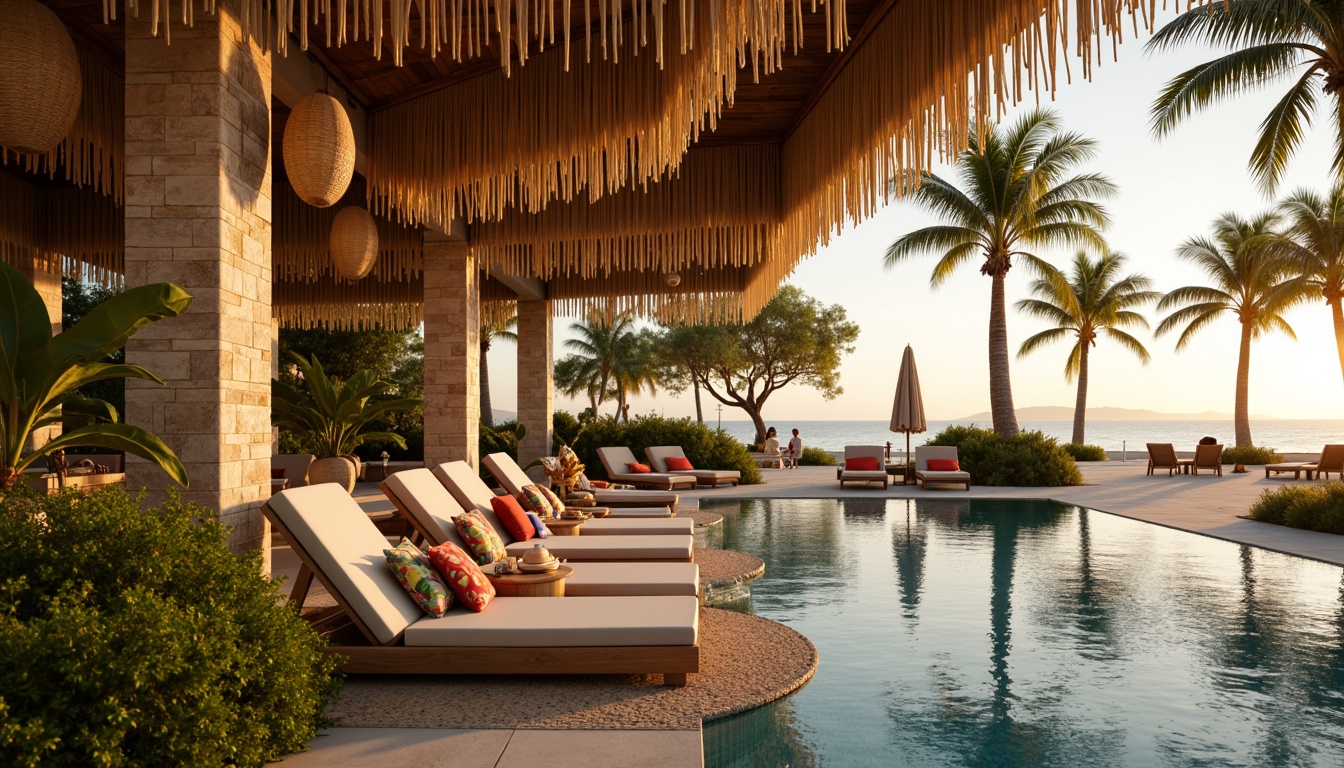 Prompt: Warm ambient lighting, soft golden glow, natural woven fibers, rattan lanterns, tropical leaf patterns, exotic wood accents, vibrant colorful textiles, ocean-inspired hues, coral stone walls, lush greenery, palm trees, warm sandy beach, sunny day, shallow depth of field, 3/4 composition, panoramic view, realistic textures, ambient occlusion, poolside lounge chairs, refreshing cocktails, seaside resort atmosphere.