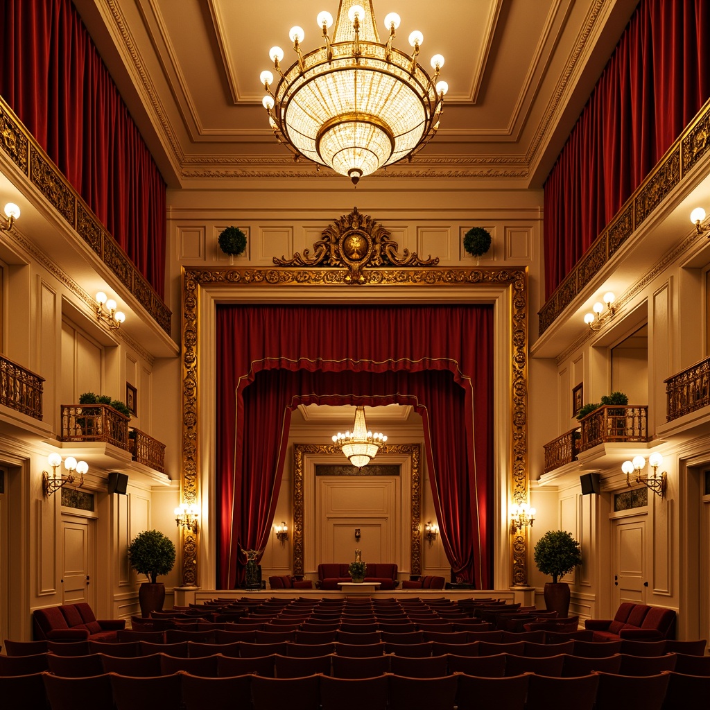 Prompt: Elegant theater interior, neoclassical architecture, ornate gold decorations, red velvet curtains, wooden paneling, grand chandeliers, acoustic treatment panels, sound-absorbing materials, diffused lighting, warm beige tones, intricate moldings, ornamental columns, gilded accents, plush seating, intimate setting, soft warm glow, shallow depth of field, 2/3 composition, realistic textures, ambient occlusion.