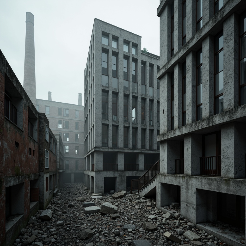 Prompt: Gritty brutalist architecture, rough-hewn concrete, industrial materials, rugged textures, cold monochromatic tones, stark shadows, dramatic contrast, urban decay, abandoned factories, crumbling walls, rusty metal accents, bleak cityscape, overcast skies, diffused natural light, high-contrast composition, cinematic mood, atmospheric fog, realistic weathering effects.