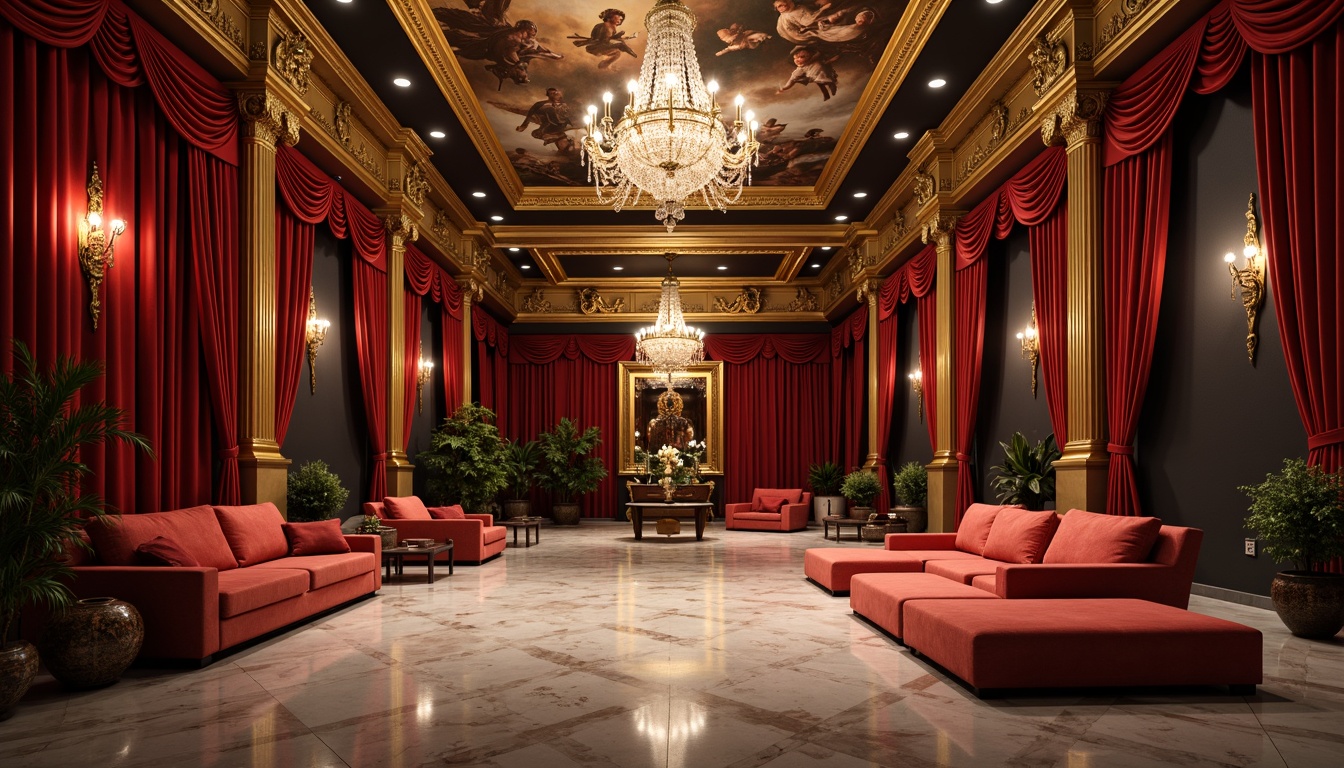 Prompt: Rich velvet curtains, ornate golden frames, intricate wooden carvings, luxurious silk fabrics, majestic crystal chandeliers, grandiose marble floors, opulent crimson upholstery, lavish fresco ceilings, dramatic spotlights, soft warm lighting, shallow depth of field, 1/2 composition, low-angle shot, realistic textures, ambient occlusion.