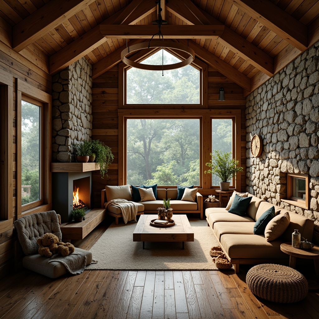 Prompt: Rustic modern cabin, wooden accents, natural stone walls, earthy color palette, reclaimed wood flooring, vintage metal decorations, exposed beam ceilings, cozy fireplaces, plush furniture, lush greenery, misty morning atmosphere, soft warm lighting, shallow depth of field, 1/1 composition, intimate view, realistic textures, ambient occlusion.