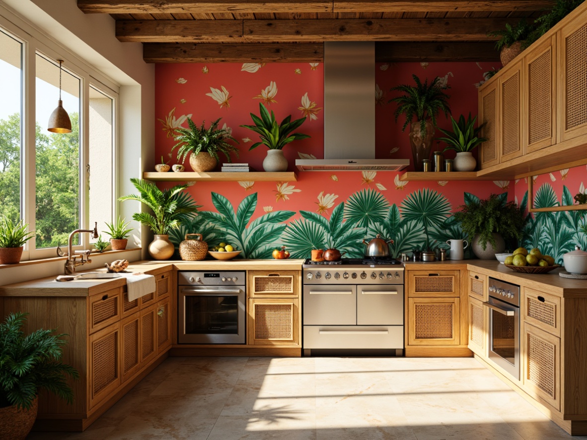 Prompt: Vibrant tropical kitchen, bright coral backsplash, lush greenery, exotic fruit patterns, natural stone countertops, woven rattan cabinetry, warm beige flooring, ocean-inspired glass tiles, shell accents, driftwood decor, nautical rope details, sunny morning light, shallow depth of field, 1/1 composition, realistic textures, ambient occlusion.