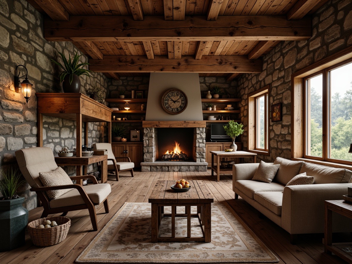 Prompt: Rustic cabin, wooden planks, stone walls, earthy tones, natural textures, woven baskets, vintage furniture, distressed finishes, reclaimed wood, metal accents, industrial lighting, rough-hewn beams, cozy fireplaces, plush throw blankets, warm candlelight, shallow depth of field, 1/1 composition, soft warm lighting, realistic materials, ambient occlusion.